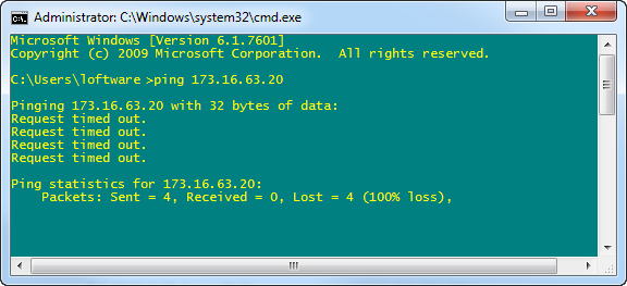 Windows Command Prompt showing a ping to the printer and returning a request timed out.
